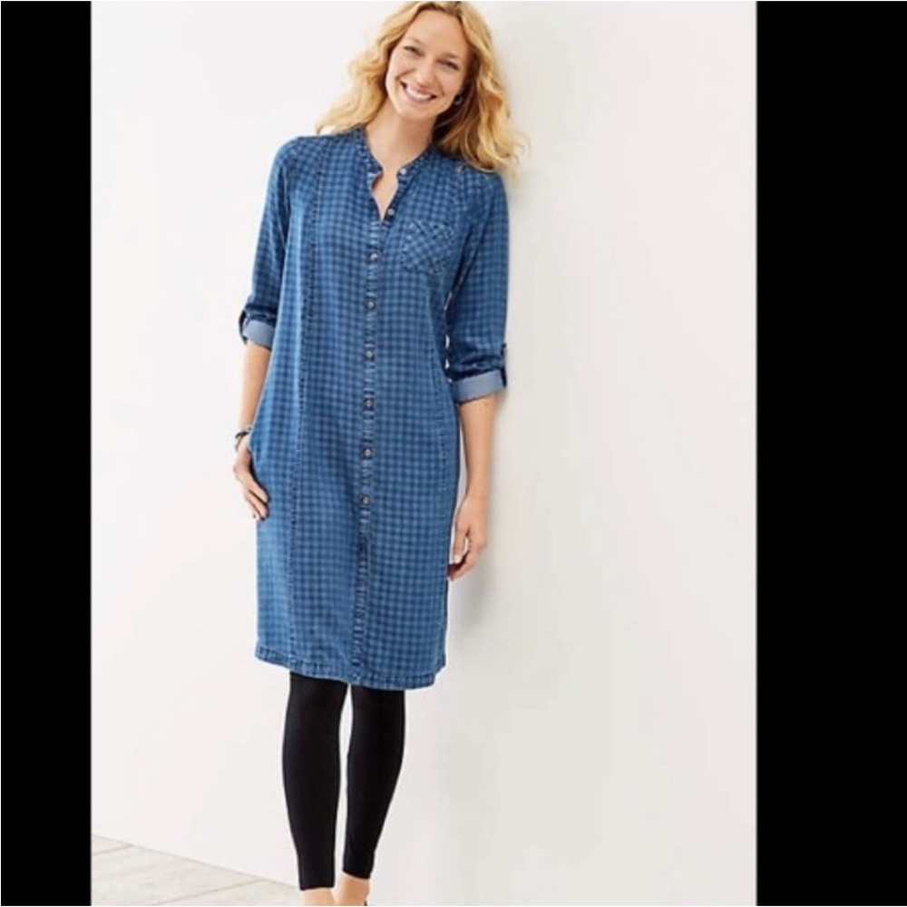 J.Jill blue denim check print button-front shirt dress